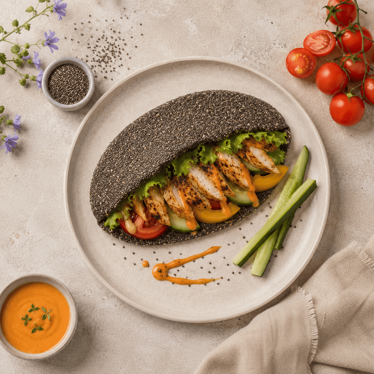 Пита из семян чиа с курицей и овощами
